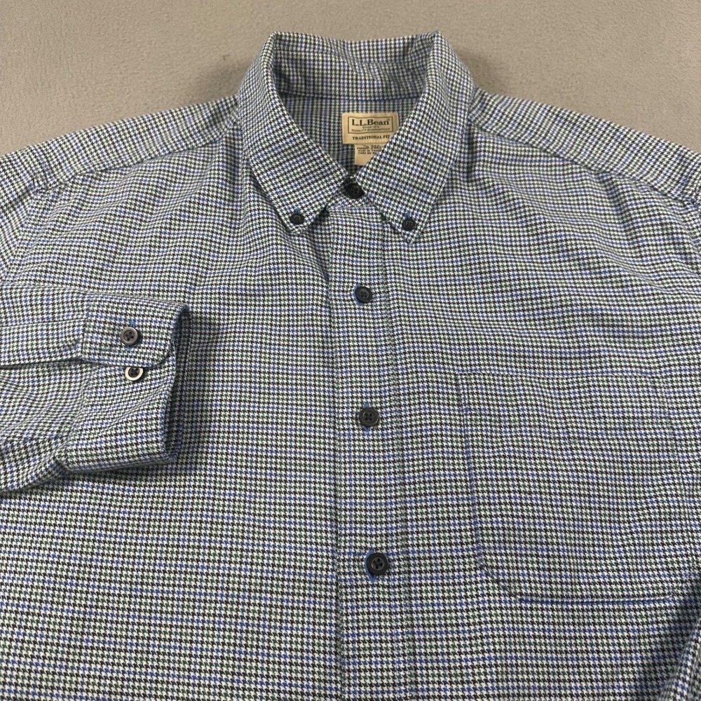 LL Bean Traditional Fit Houndstooth Button Down Shirt Blue Green Mens XL 298276